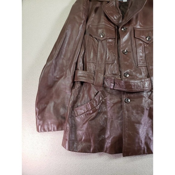 Vintage Meier & Frank Jacket 47 Brown Leather Collar Long Sleeve Belted Pockets - Picture 3 of 10